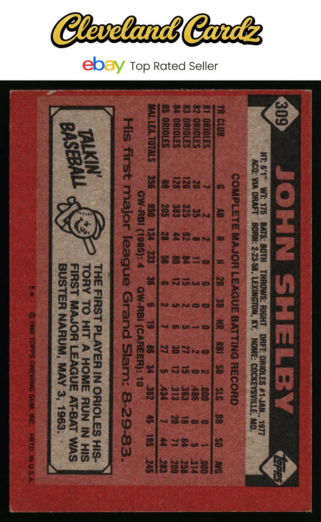 1986 Topps #309 John Shelby