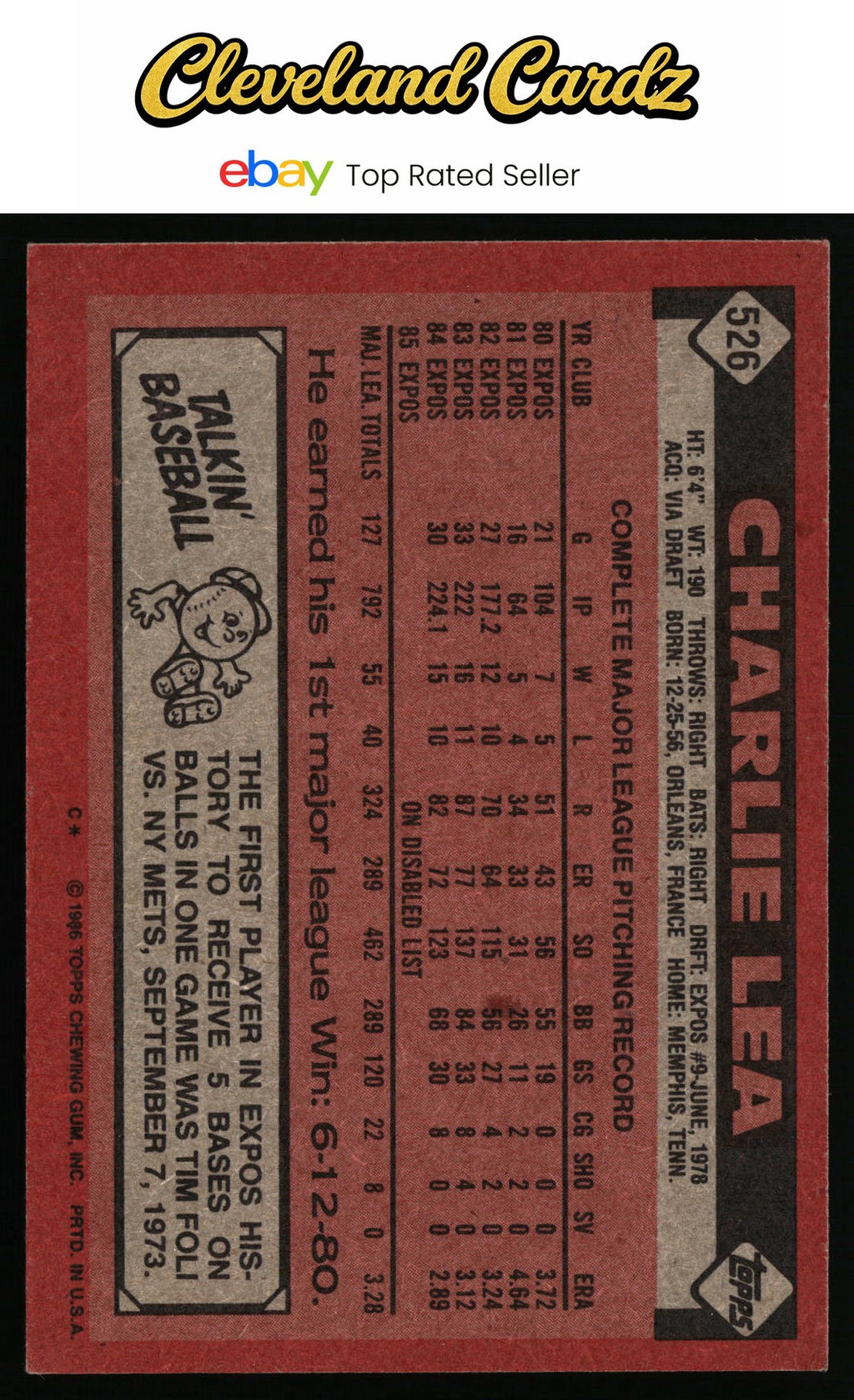 1986 Topps #526 Charlie Lea