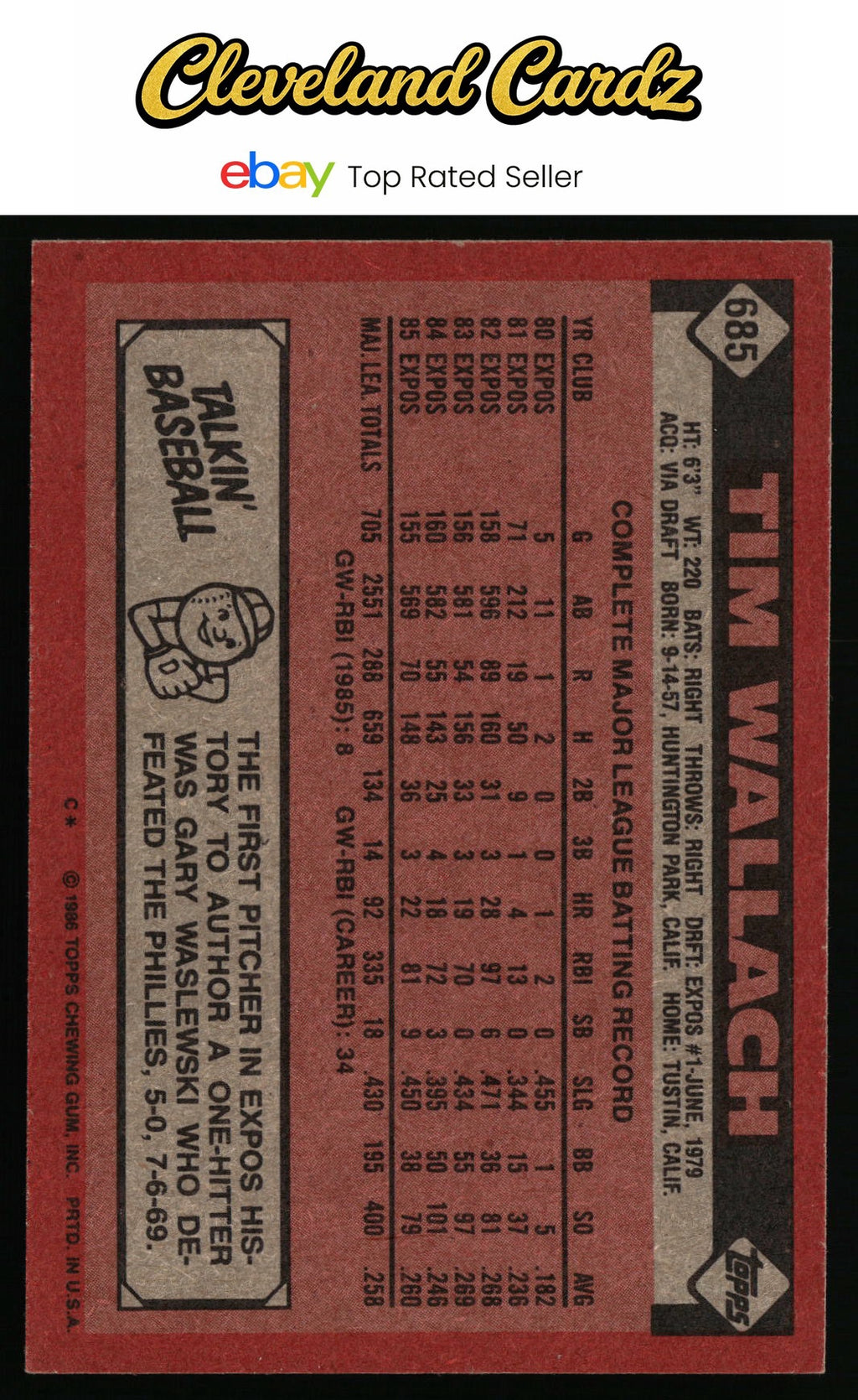 1986 Topps #685 Tim Wallach
