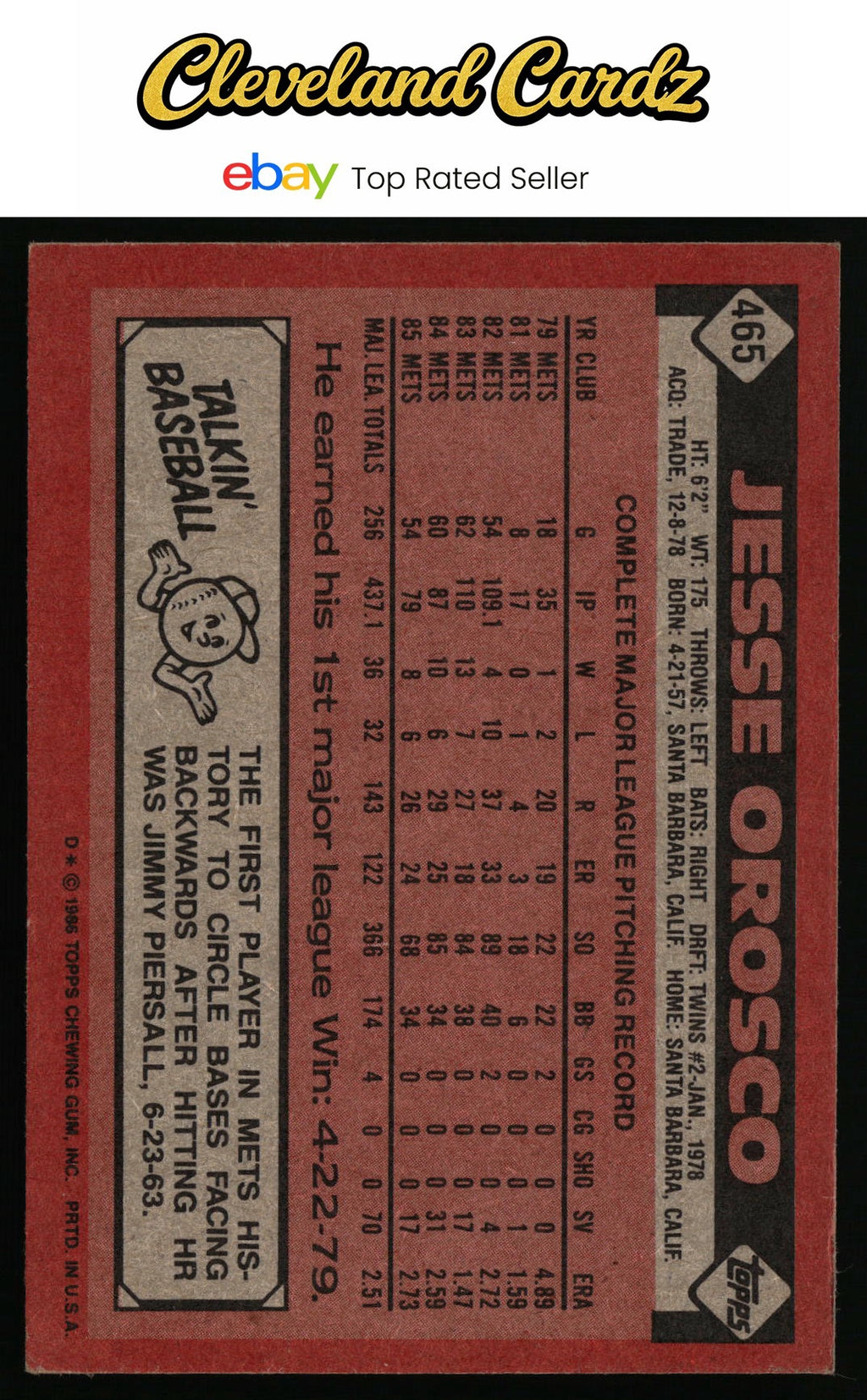 1986 Topps #465 Jesse Orosco