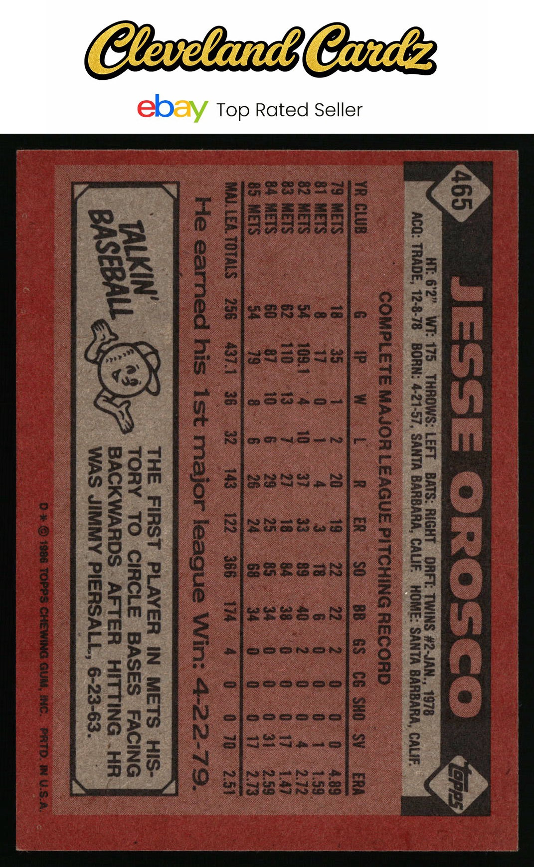 1986 Topps #465 Jesse Orosco