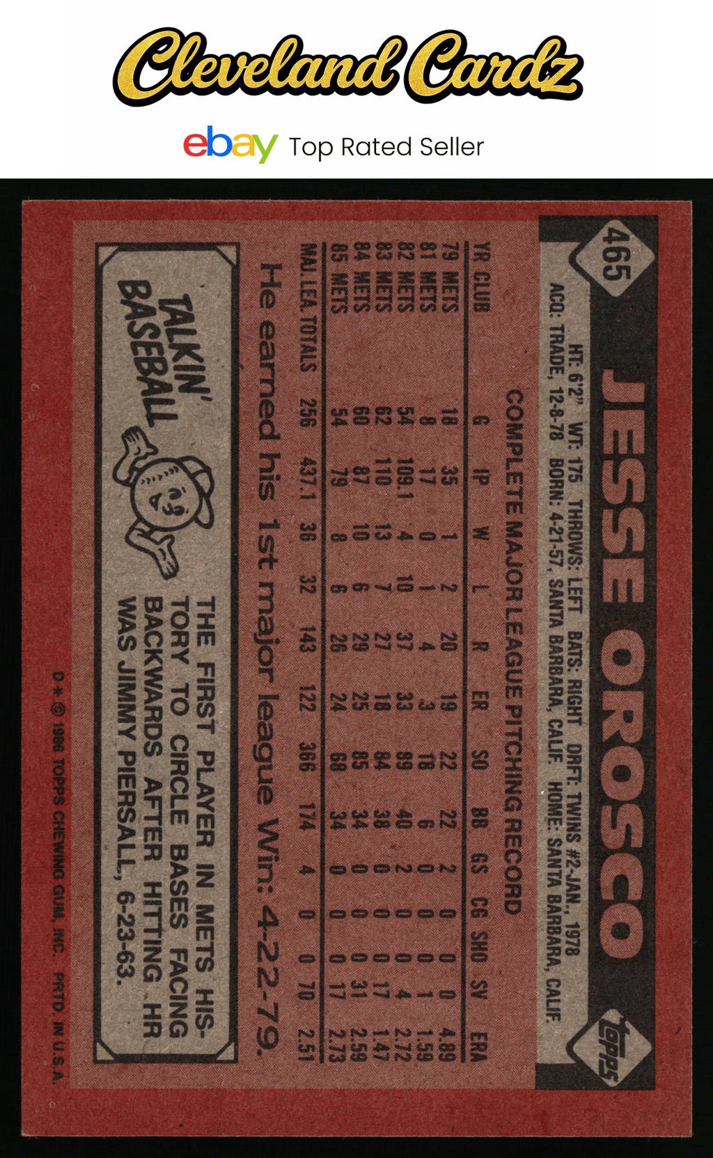 1986 Topps #465 Jesse Orosco