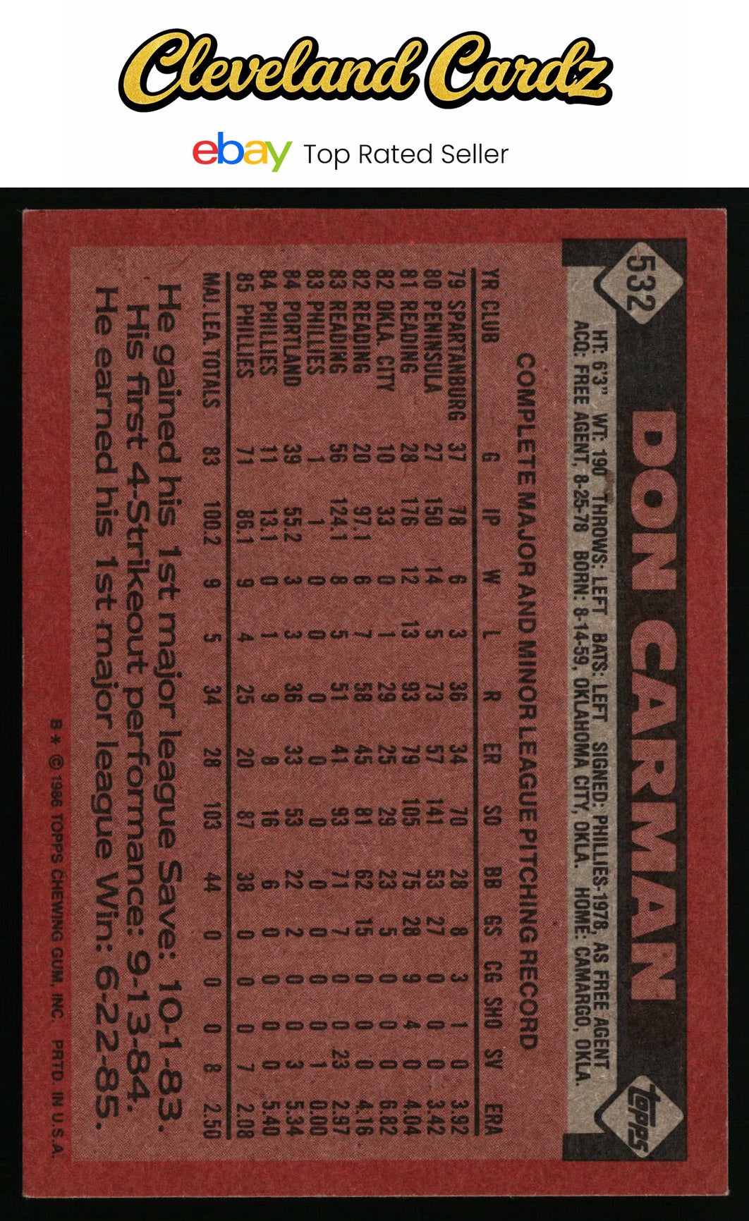 1986 Topps #532 Don Carman RC