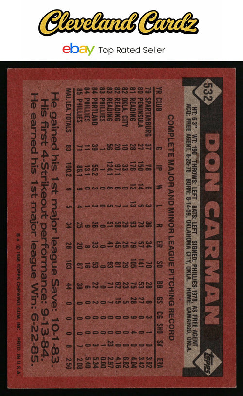 1986 Topps #532 Don Carman RC