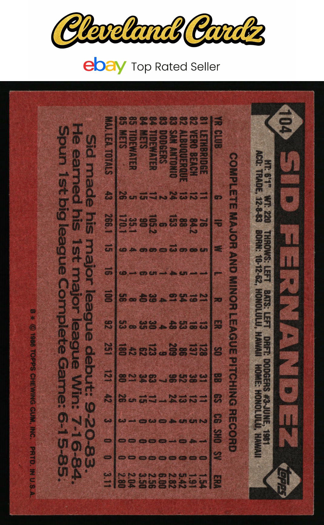 1986 Topps #104 Sid Fernandez