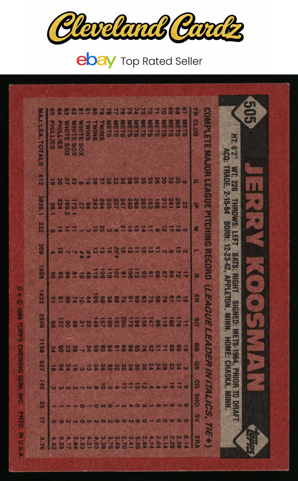 1986 Topps #505 Jerry Koosman
