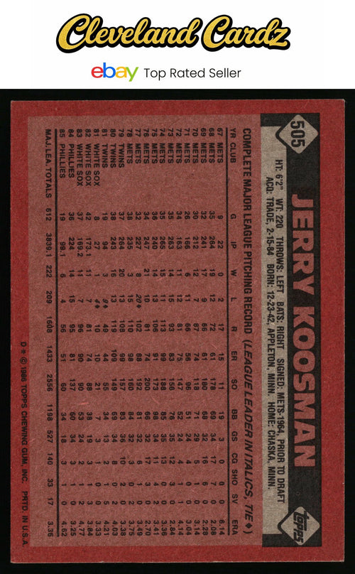 1986 Topps #505 Jerry Koosman