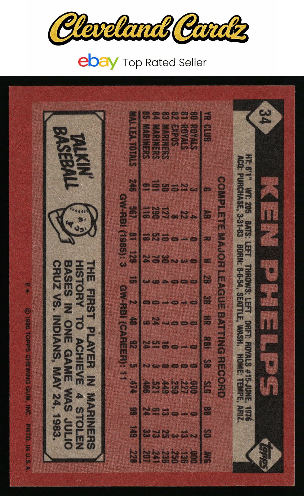 1986 Topps #34 Ken Phelps