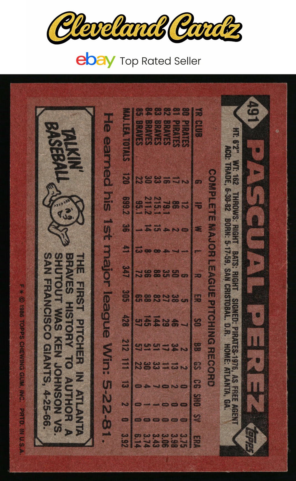 1986 Topps #491 Pascual Perez