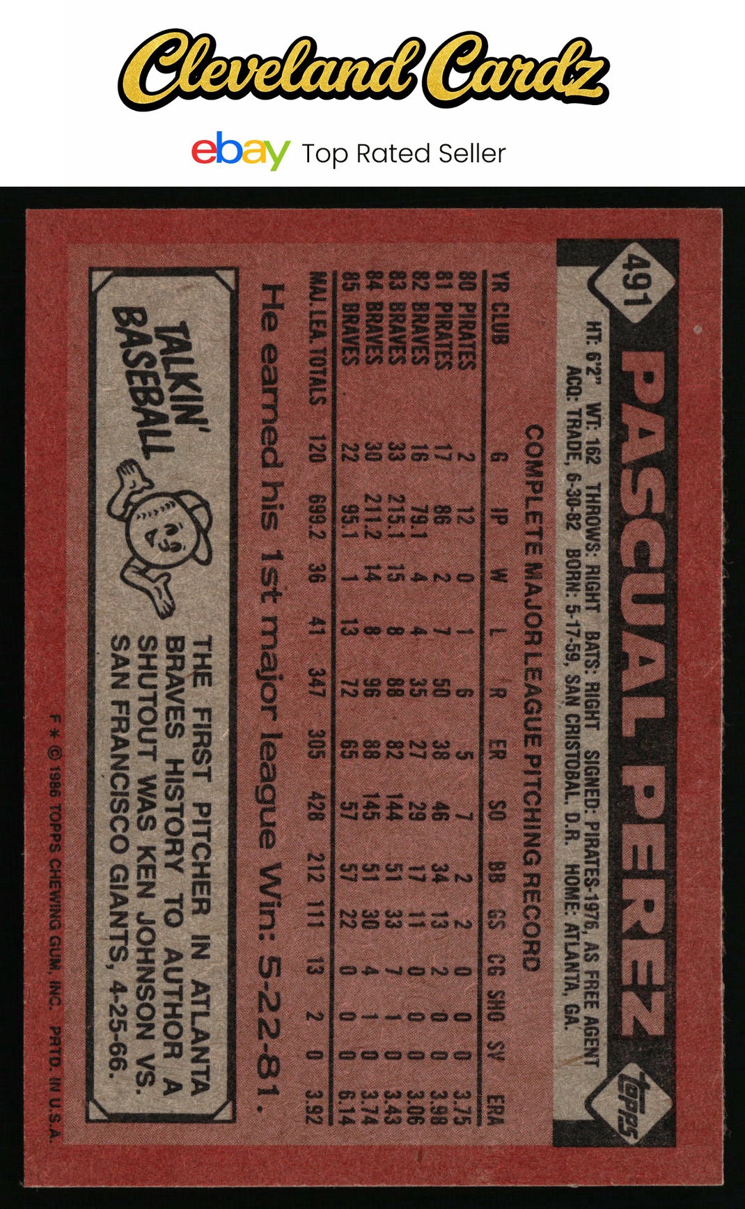1986 Topps #491 Pascual Perez
