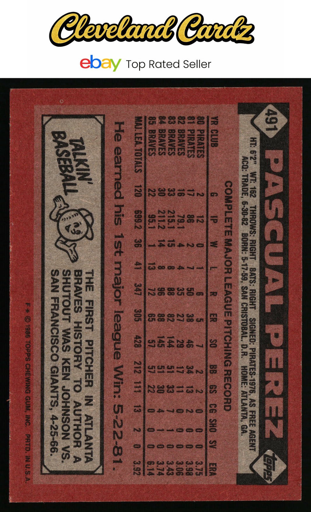 1986 Topps #491 Pascual Perez