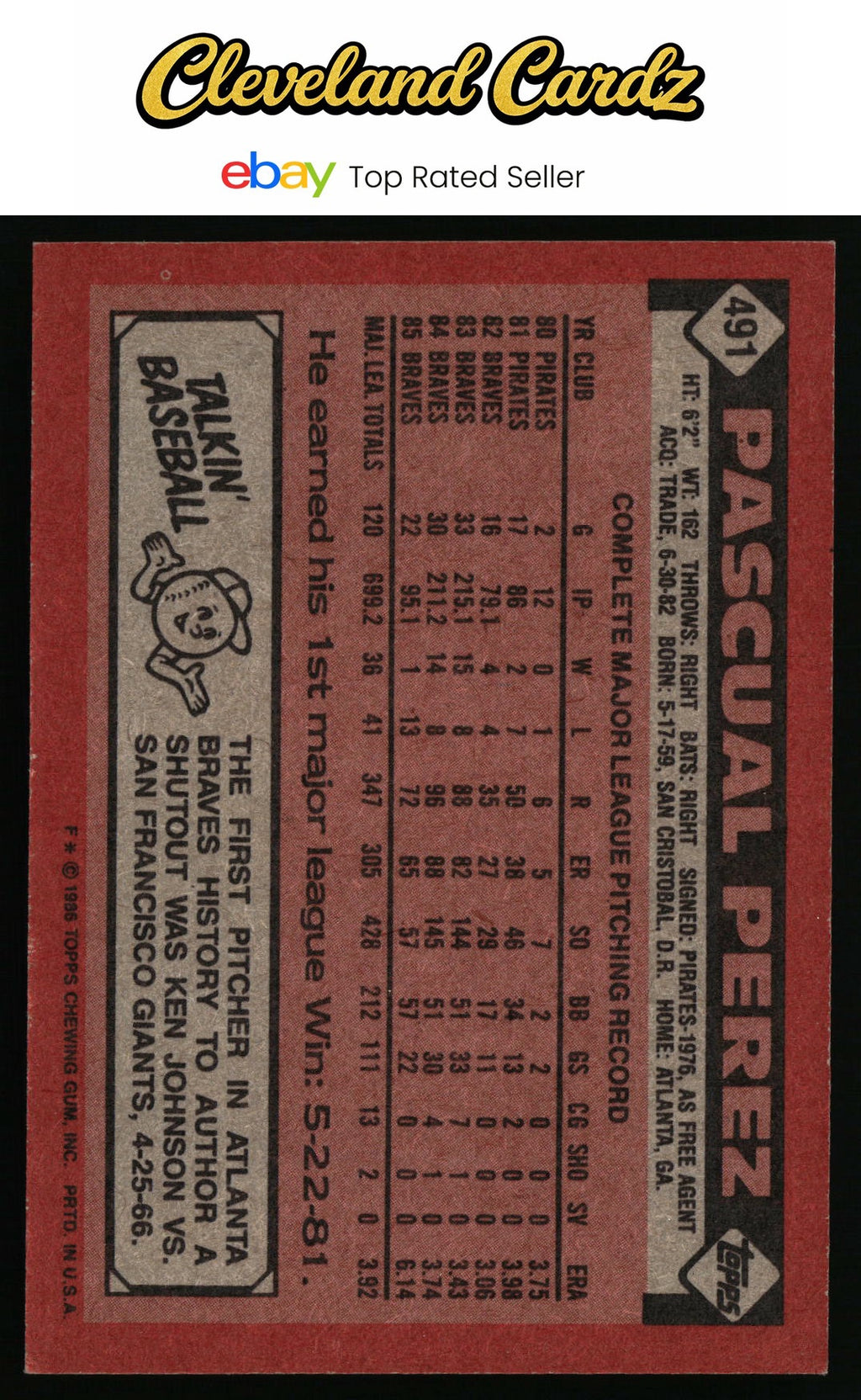 1986 Topps #491 Pascual Perez