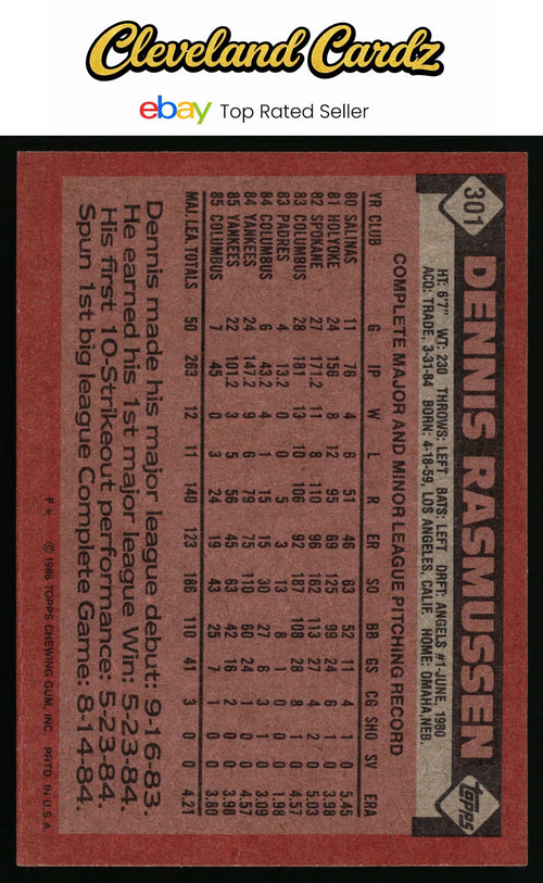 1986 Topps #301 Dennis Rasmussen