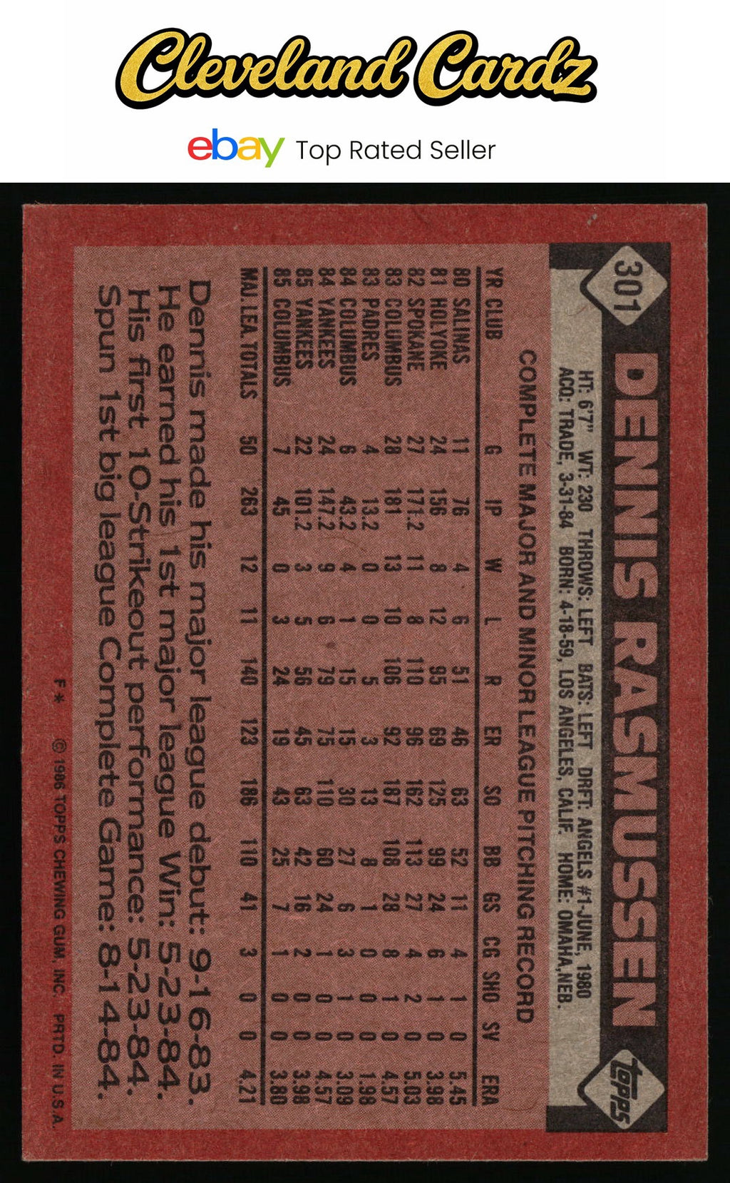 1986 Topps #301 Dennis Rasmussen