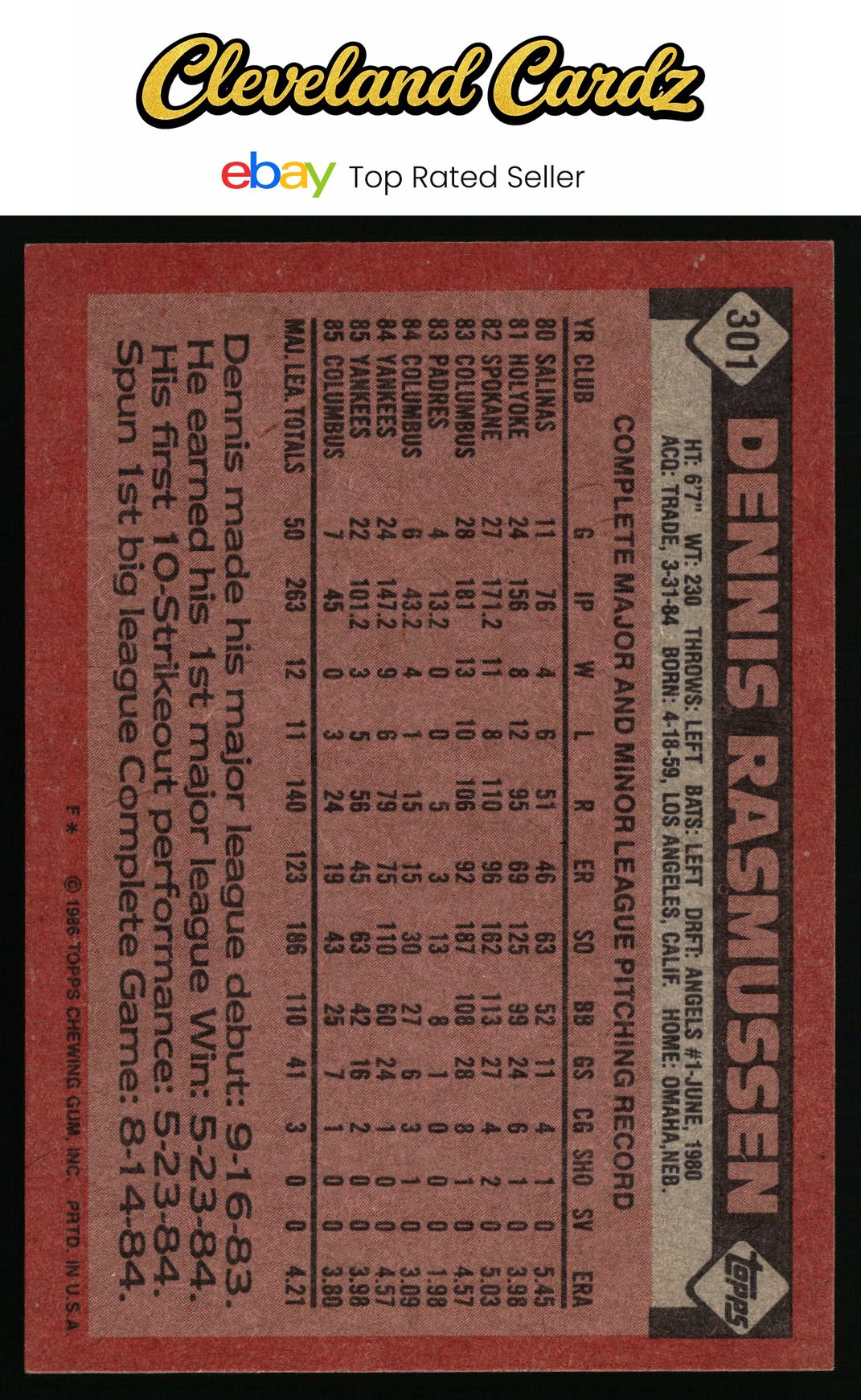 1986 Topps #301 Dennis Rasmussen