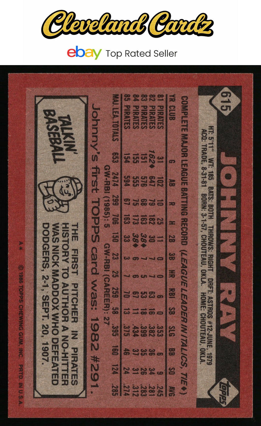 1986 Topps #615 Johnny Ray