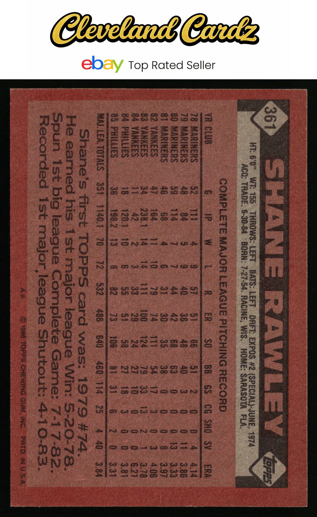 1986 Topps #361 Shane Rawley