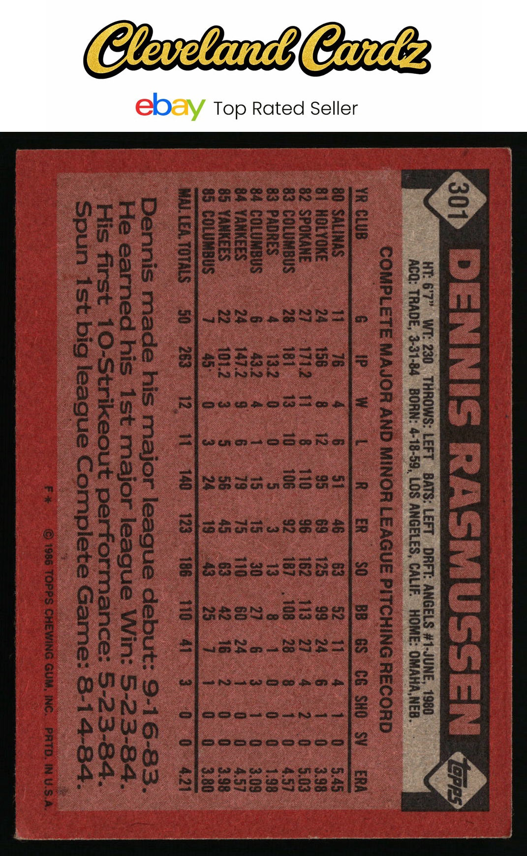 1986 Topps #301 Dennis Rasmussen