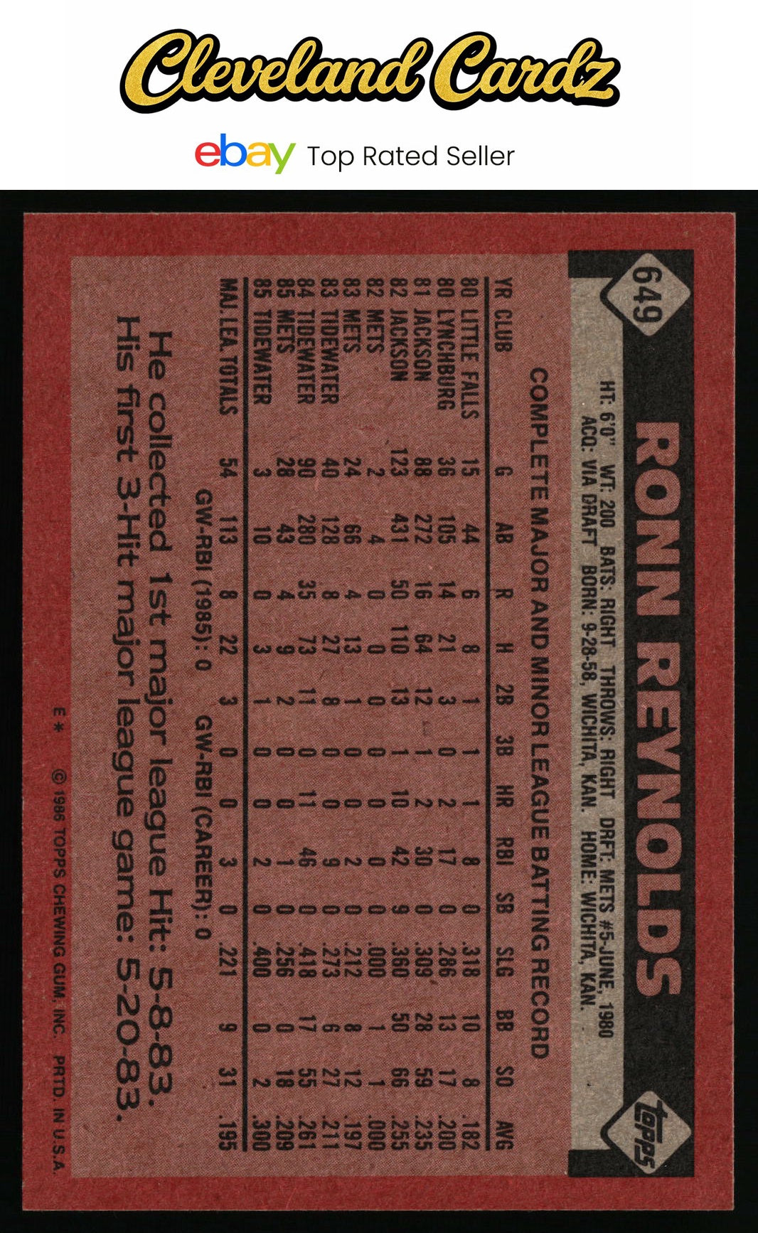 1986 Topps #649 Ronn Reynolds RC