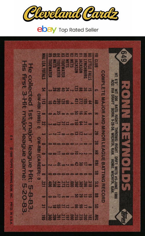 1986 Topps #649 Ronn Reynolds RC