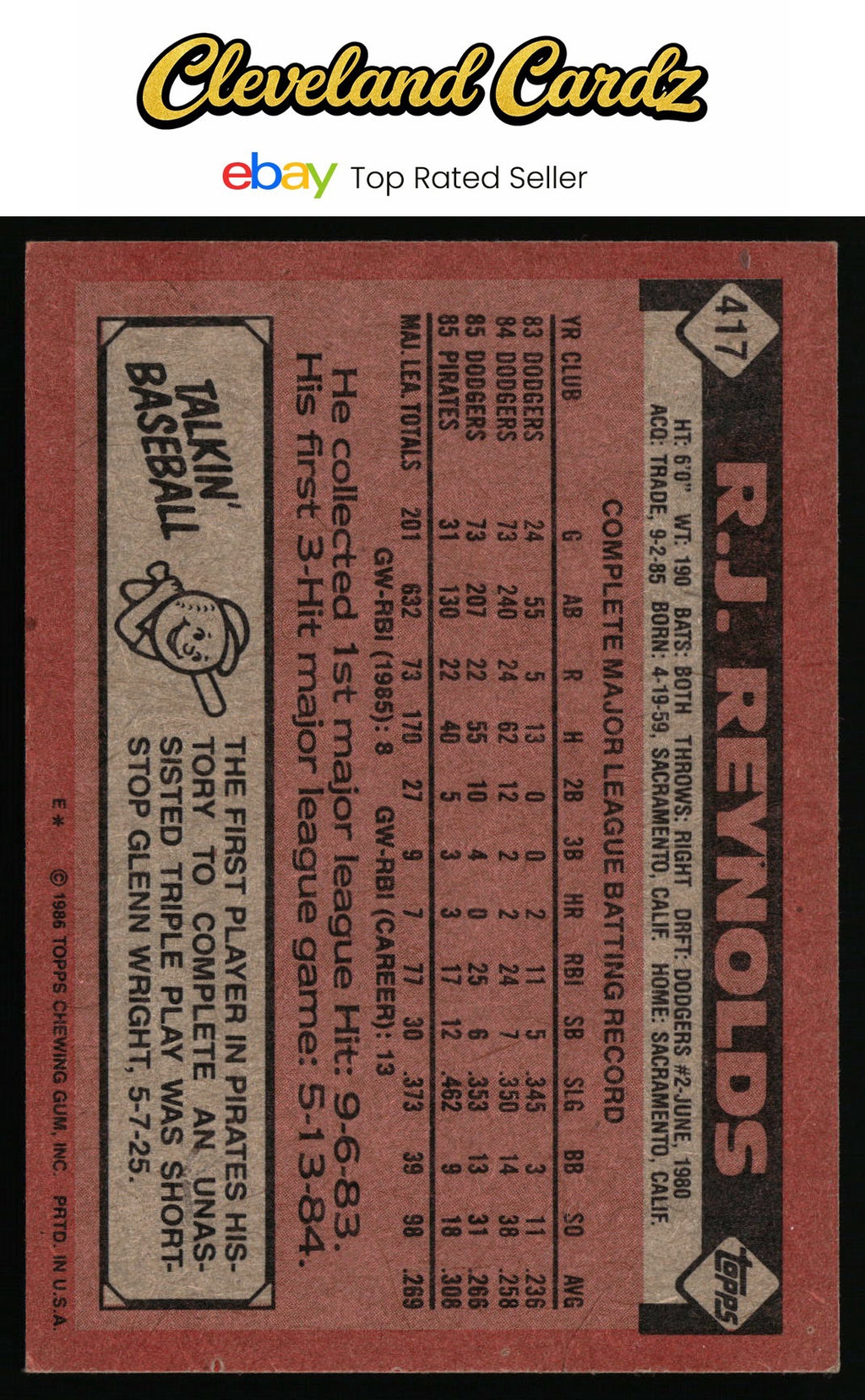 1986 Topps #417 R.J. Reynolds