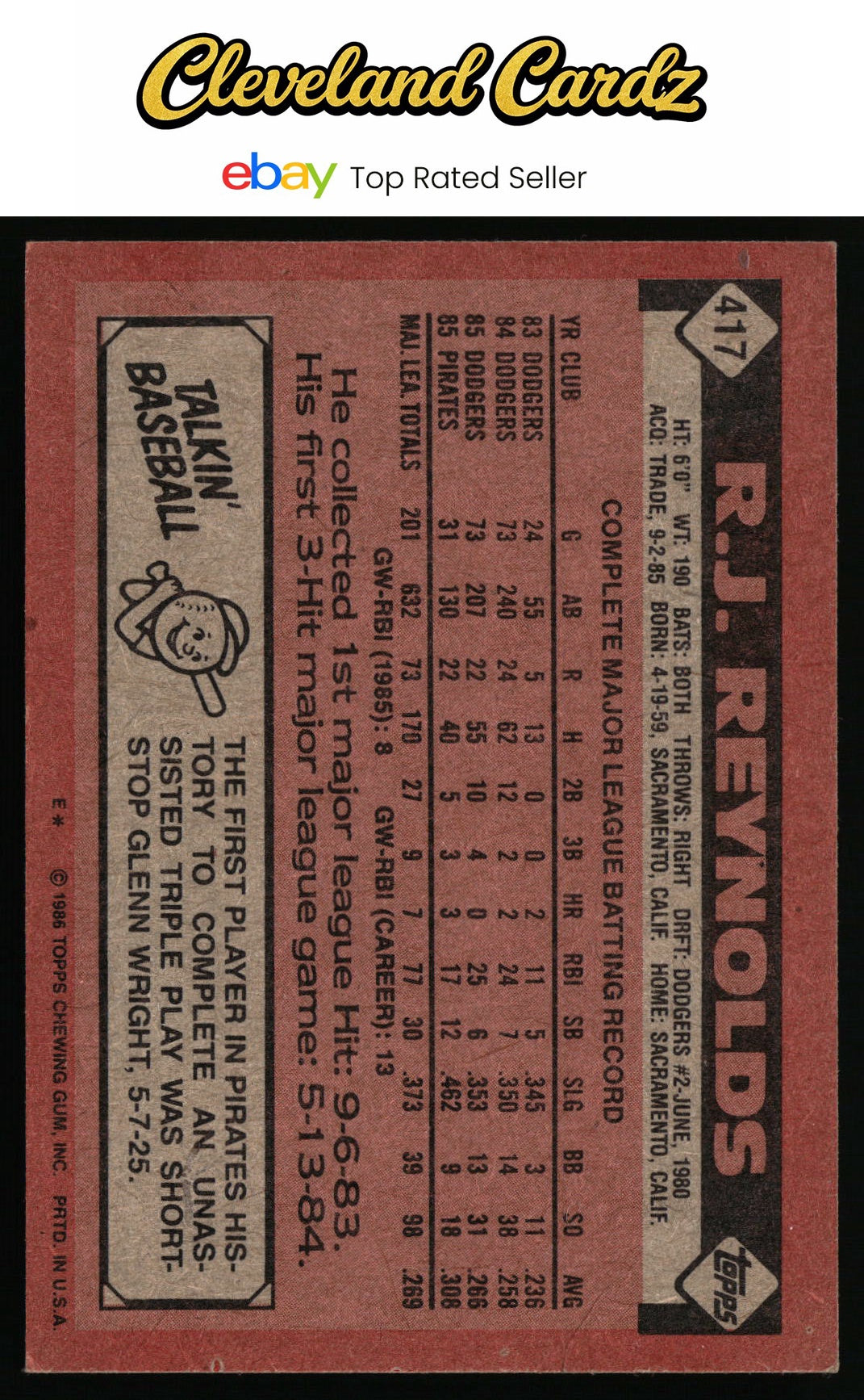 1986 Topps #417 R.J. Reynolds