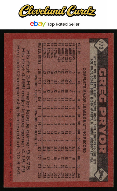 1986 Topps #773 Greg Pryor