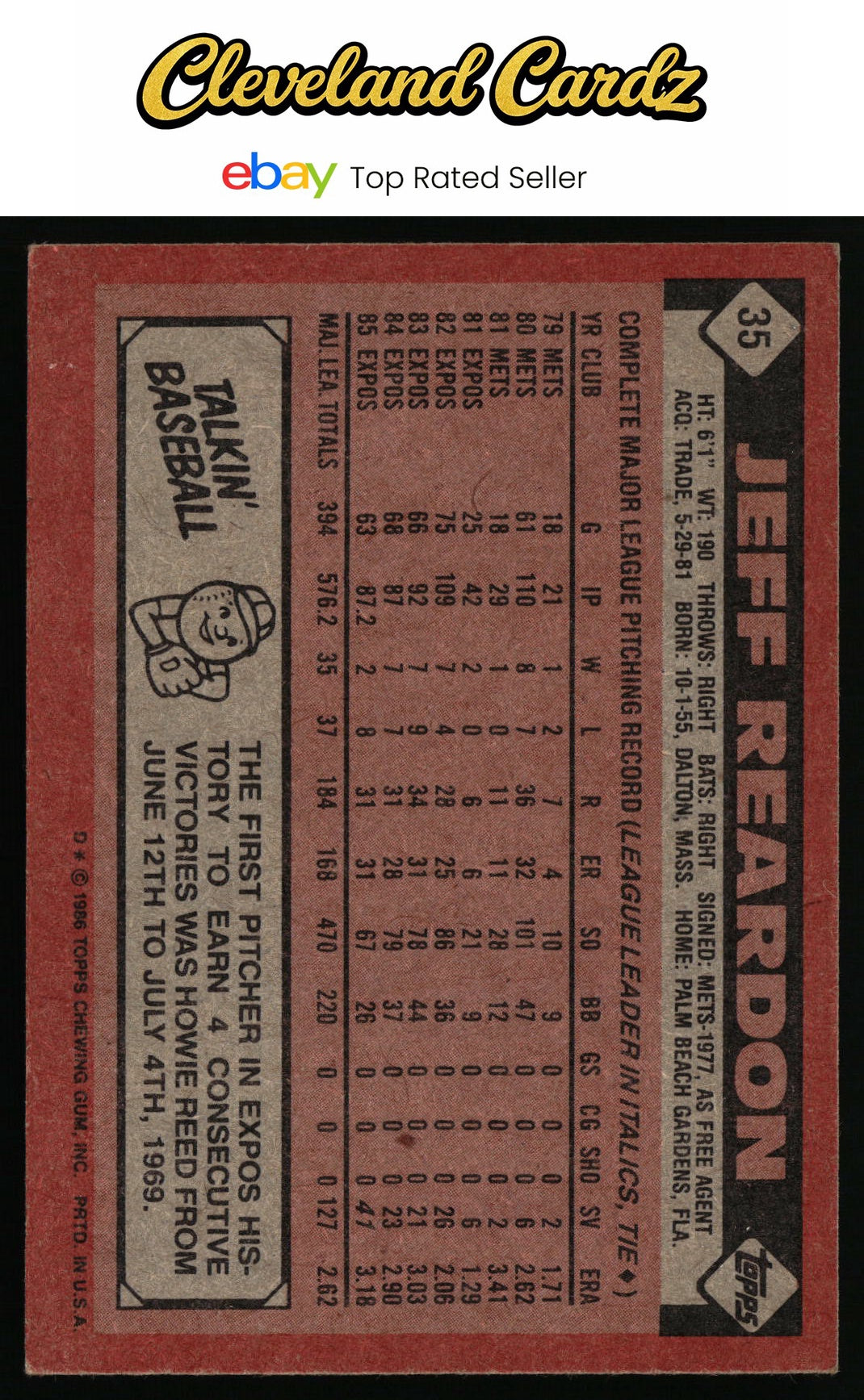 1986 Topps #35 Jeff Reardon