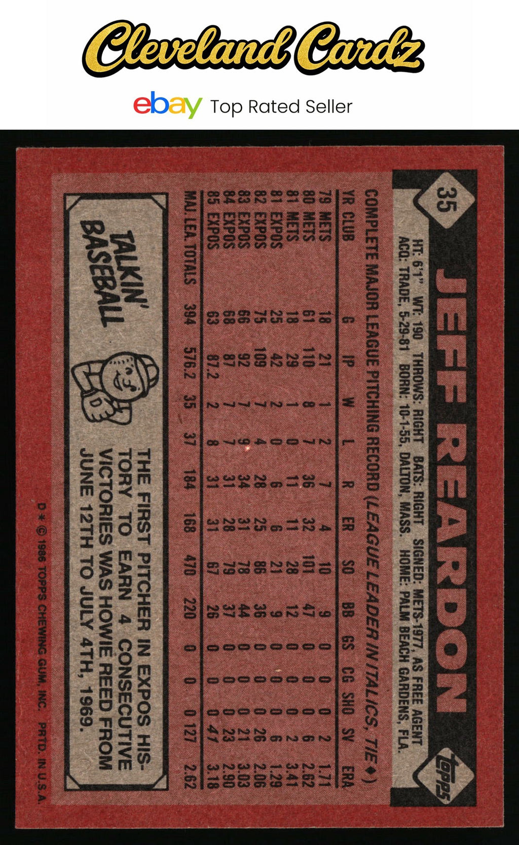 1986 Topps #35 Jeff Reardon
