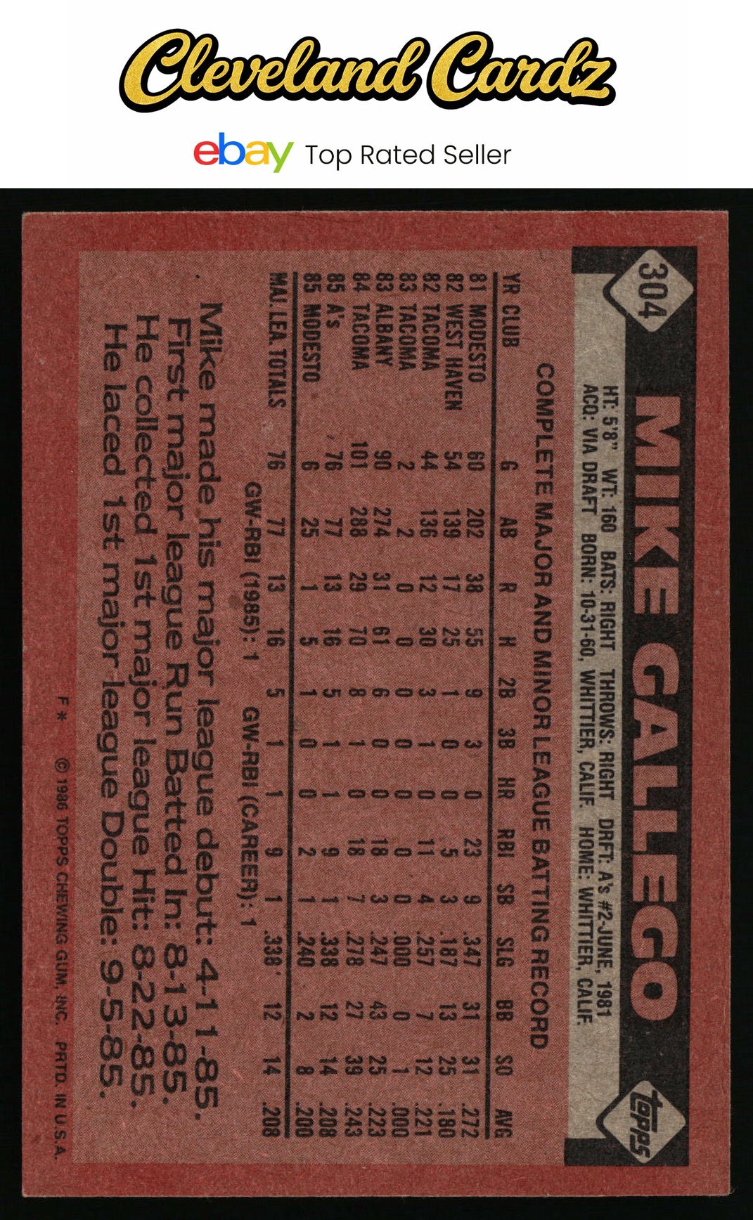 1986 Topps #304 Mike Gallego RC