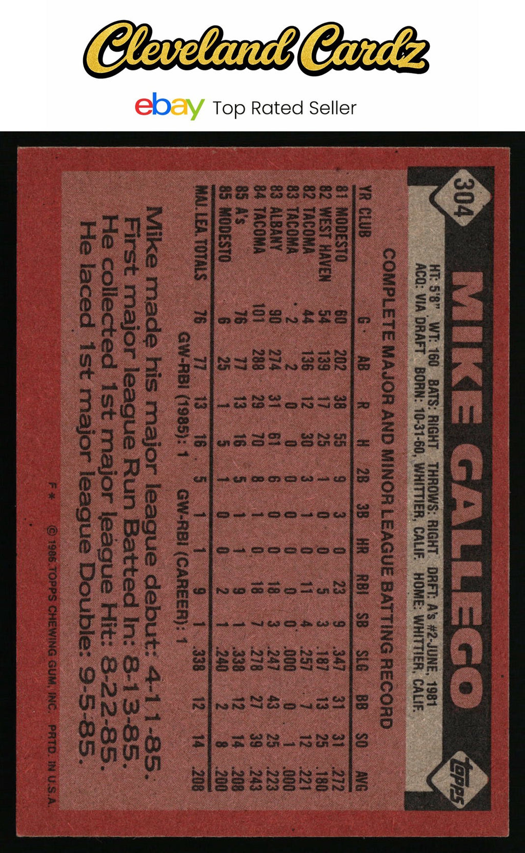 1986 Topps #304 Mike Gallego RC