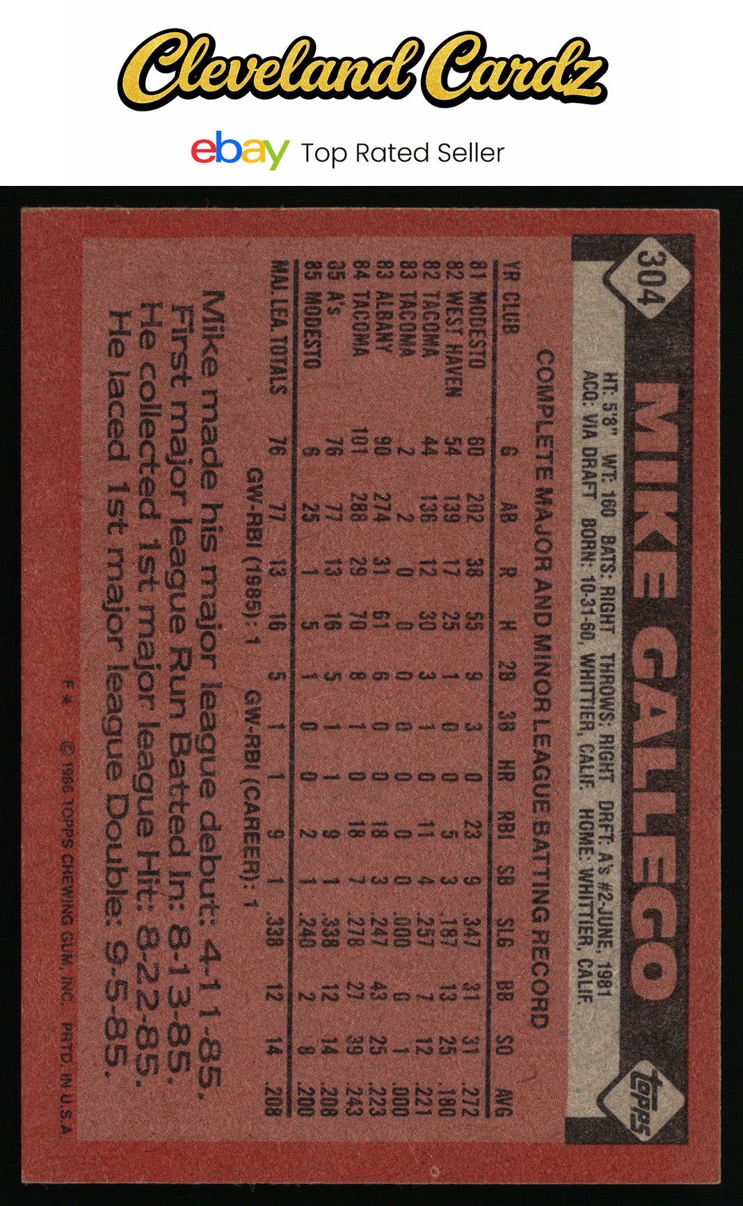 1986 Topps #304 Mike Gallego RC