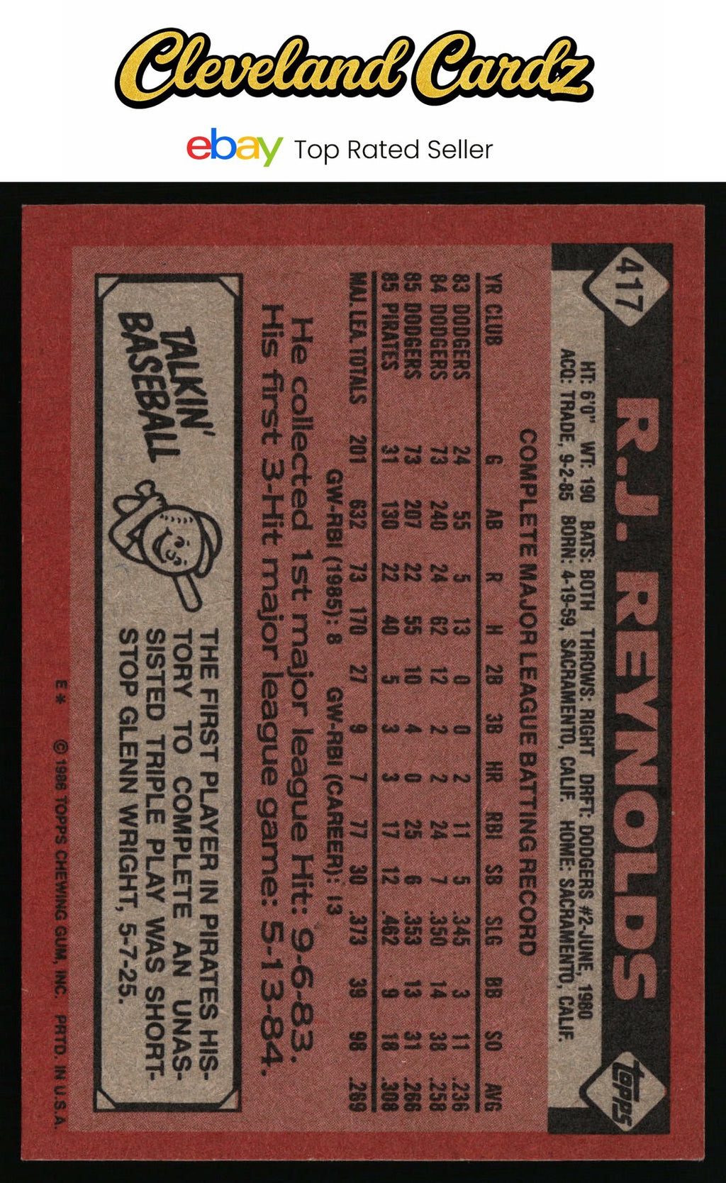 1986 Topps #417 R.J. Reynolds