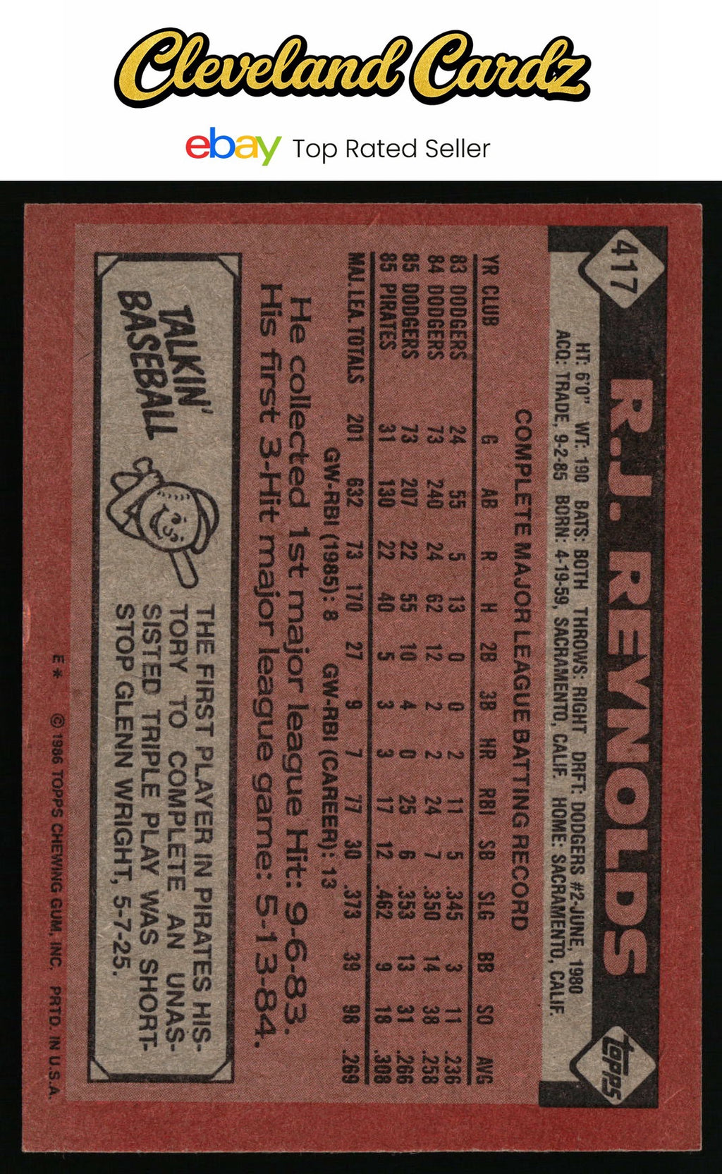 1986 Topps #417 R.J. Reynolds