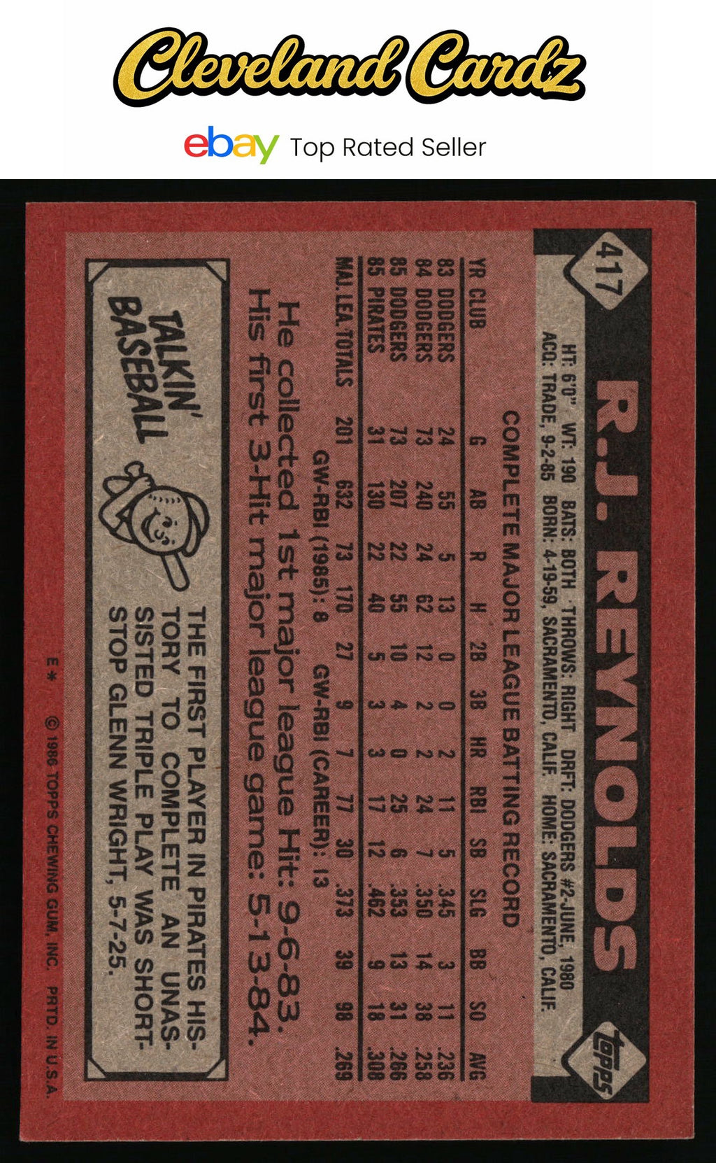 1986 Topps #417 R.J. Reynolds