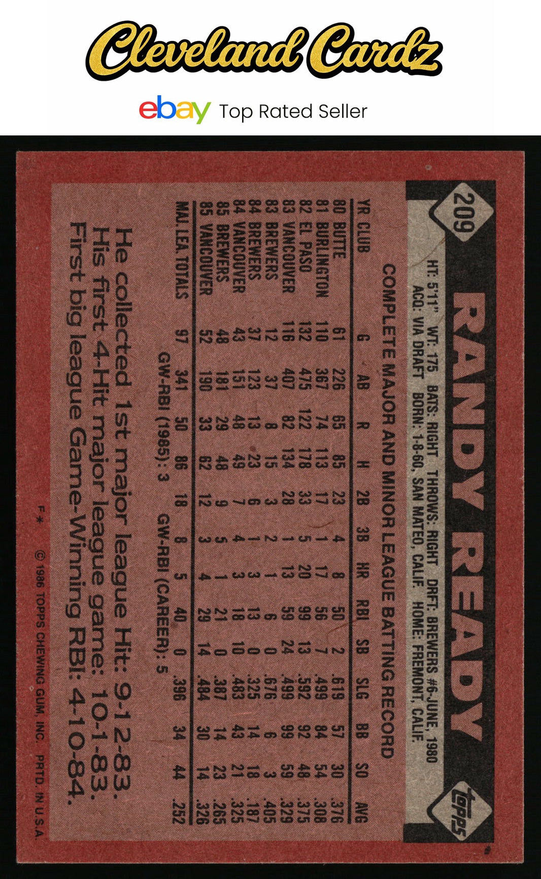 1986 Topps #209 Randy Ready
