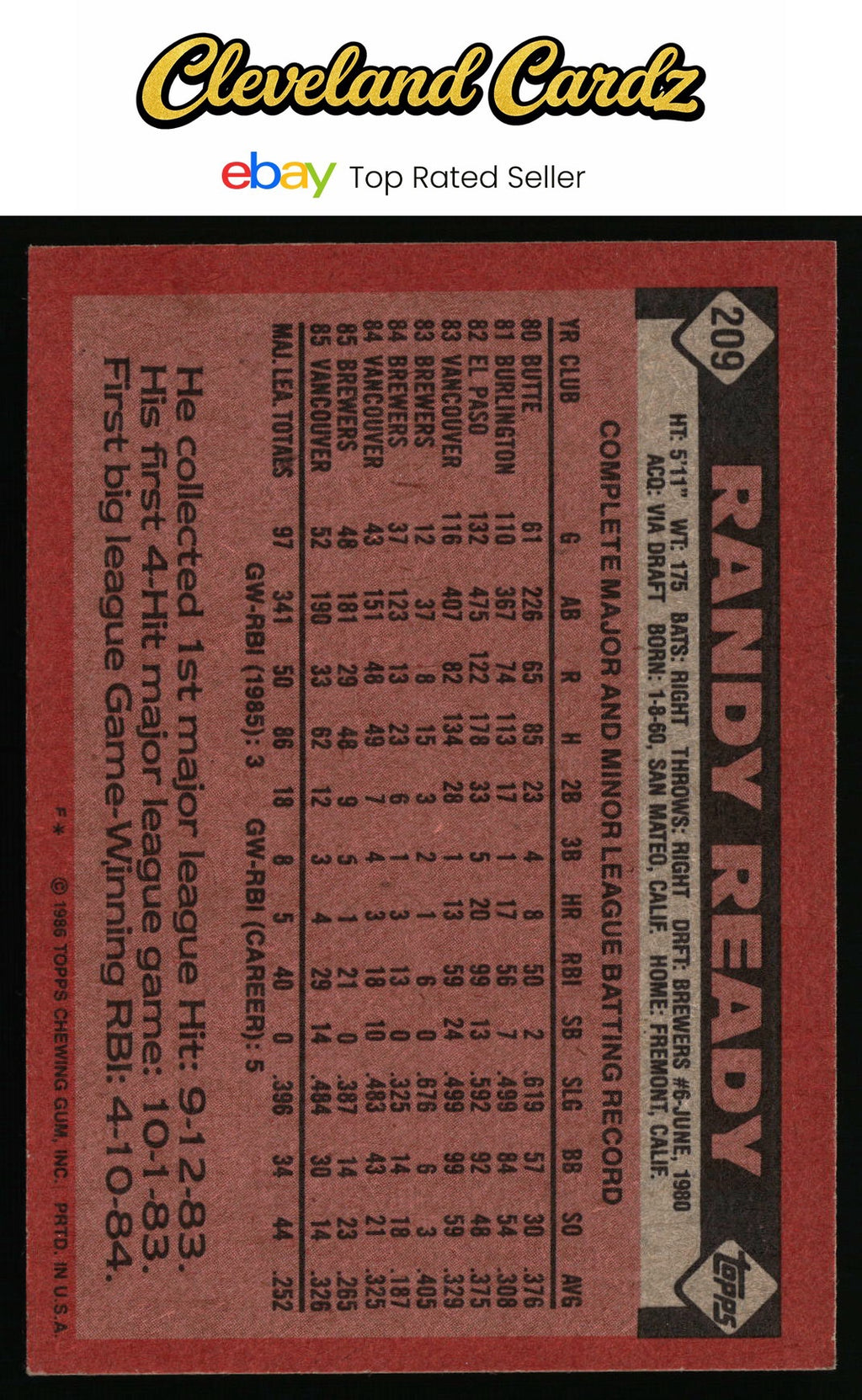1986 Topps #209 Randy Ready