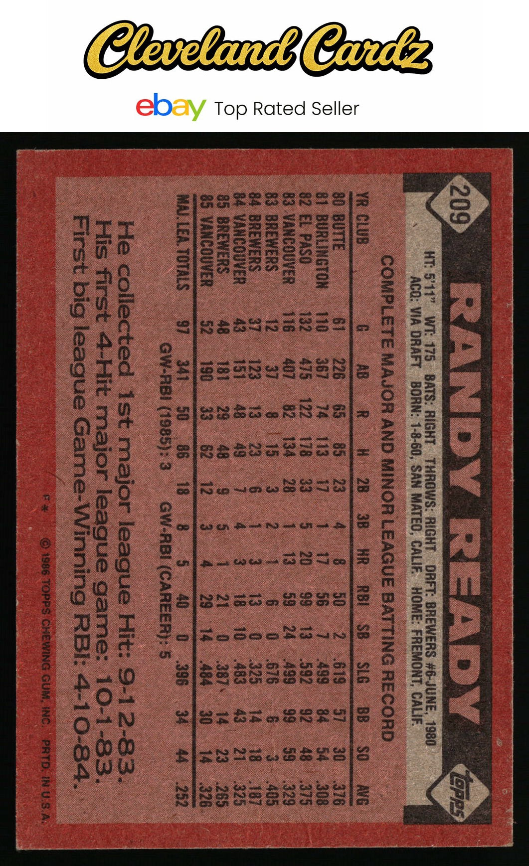 1986 Topps #209 Randy Ready