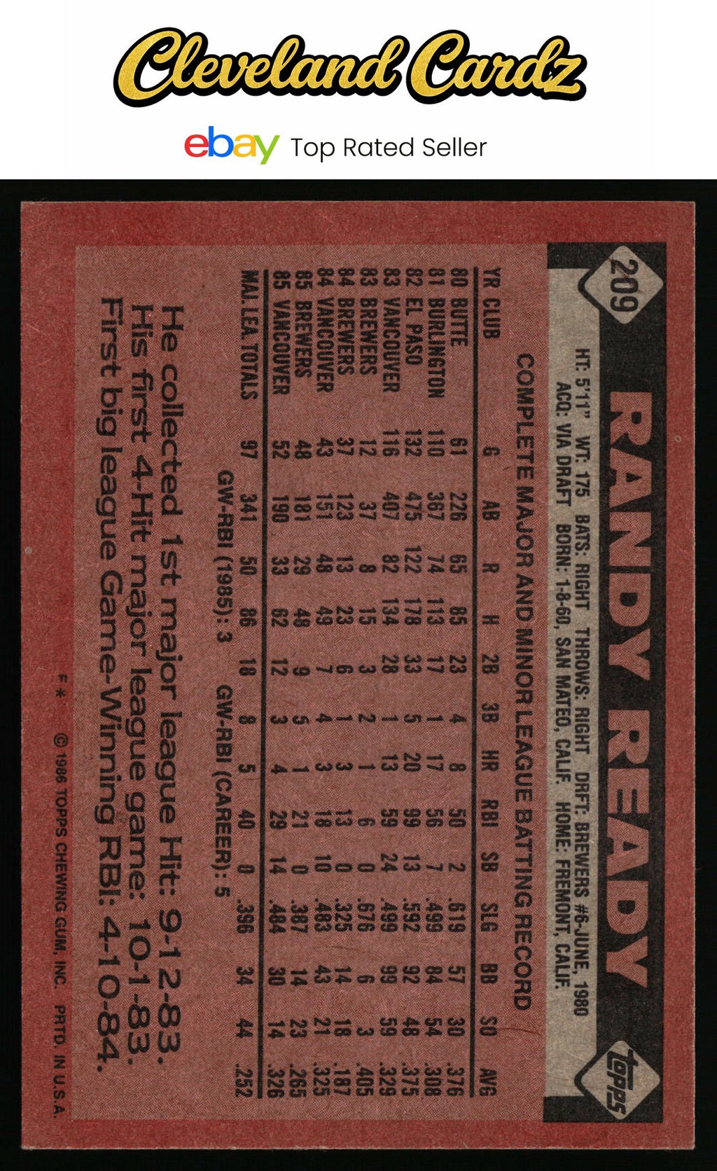 1986 Topps #209 Randy Ready