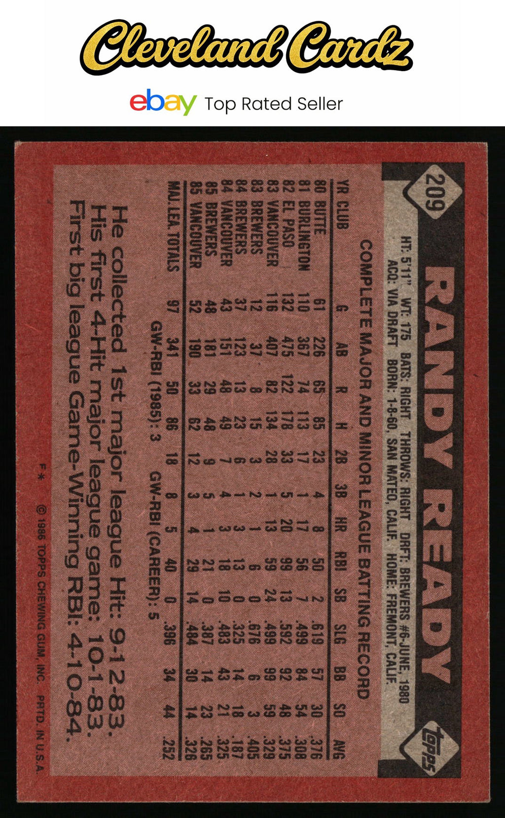 1986 Topps #209 Randy Ready