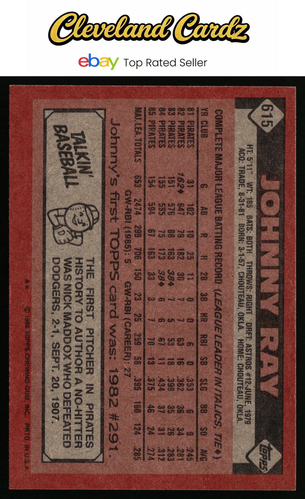 1986 Topps #615 Johnny Ray
