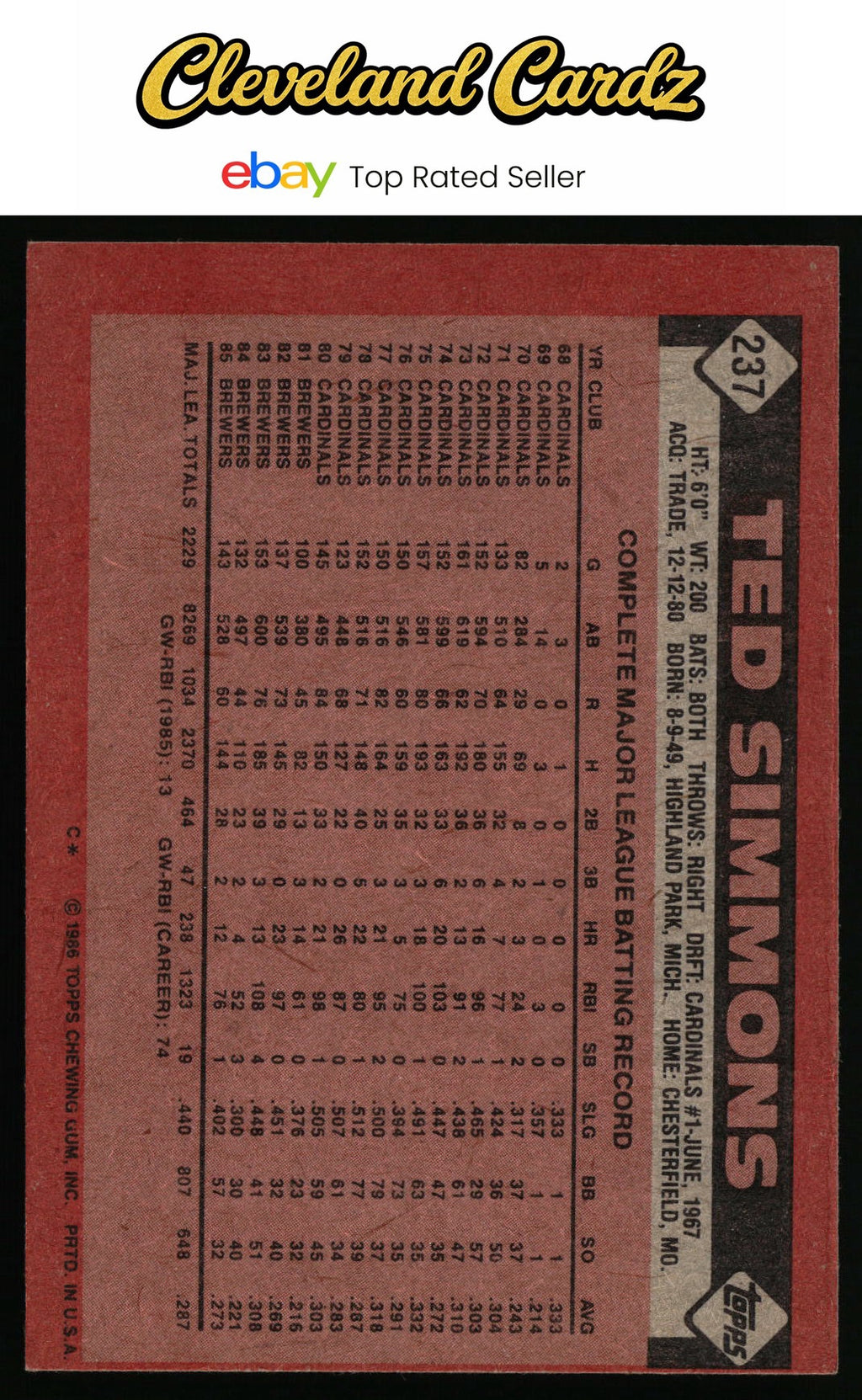 1986 Topps #237 Ted Simmons