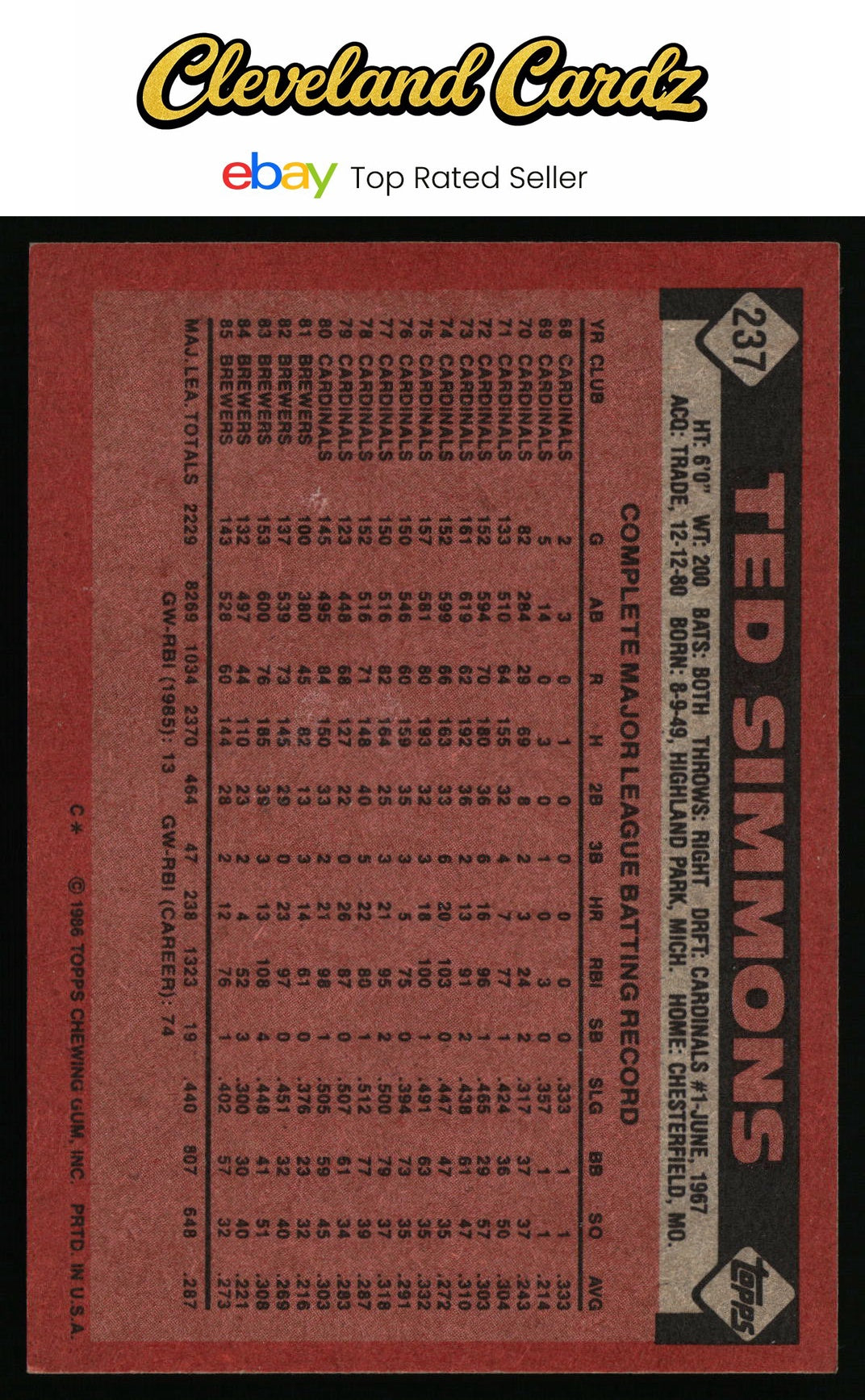 1986 Topps #237 Ted Simmons