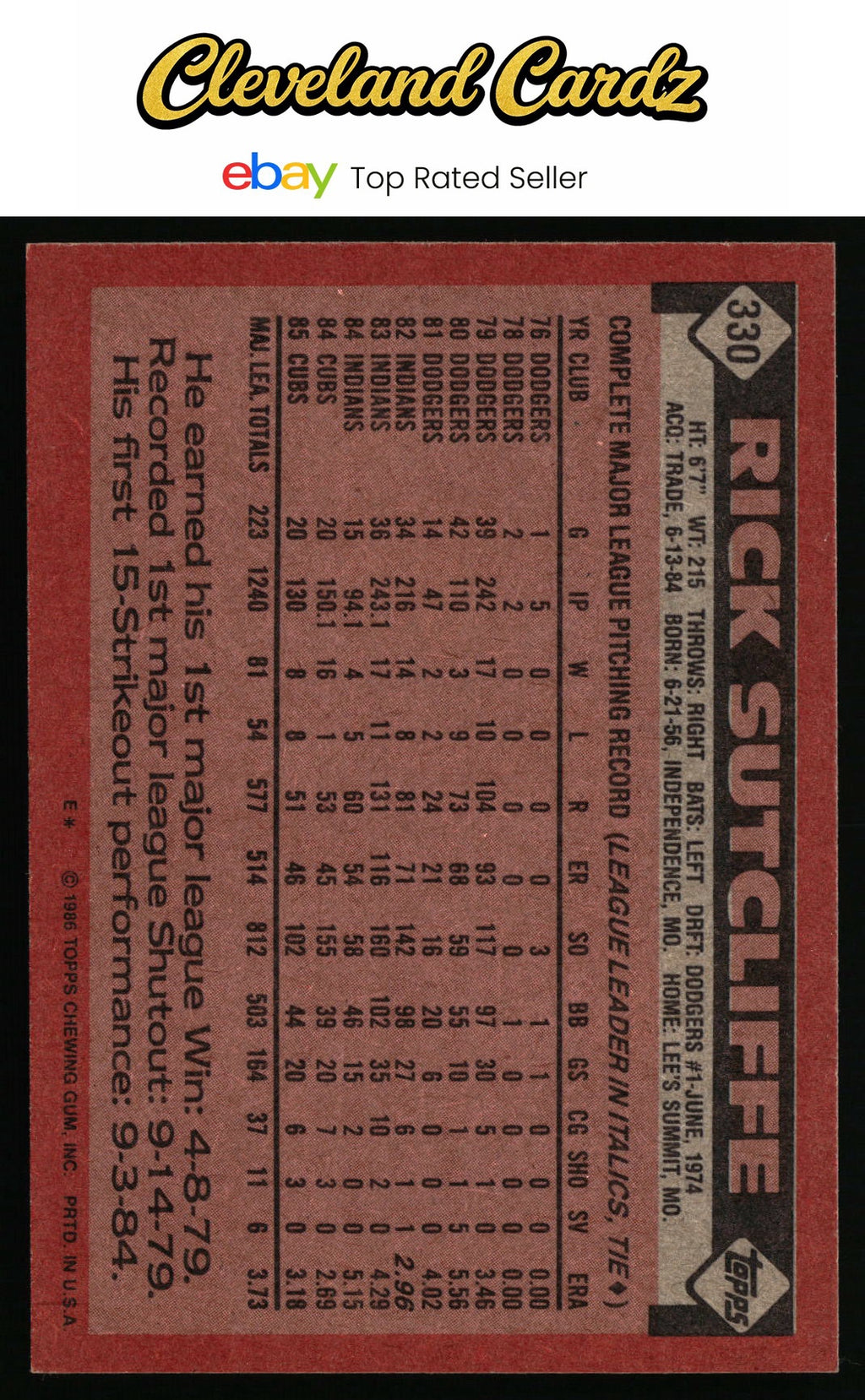 1986 Topps #330 Rick Sutcliffe