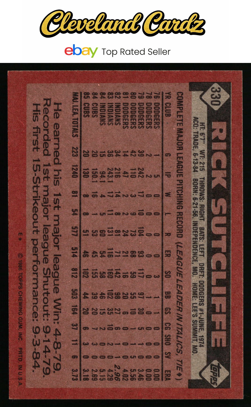 1986 Topps #330 Rick Sutcliffe