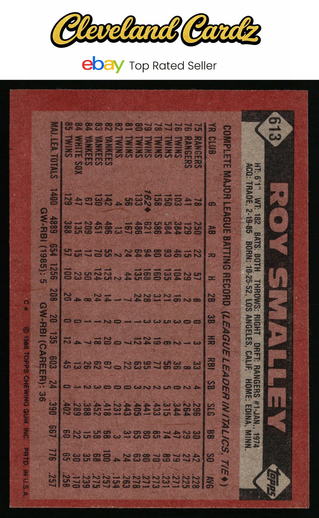 1986 Topps #613 Roy Smalley