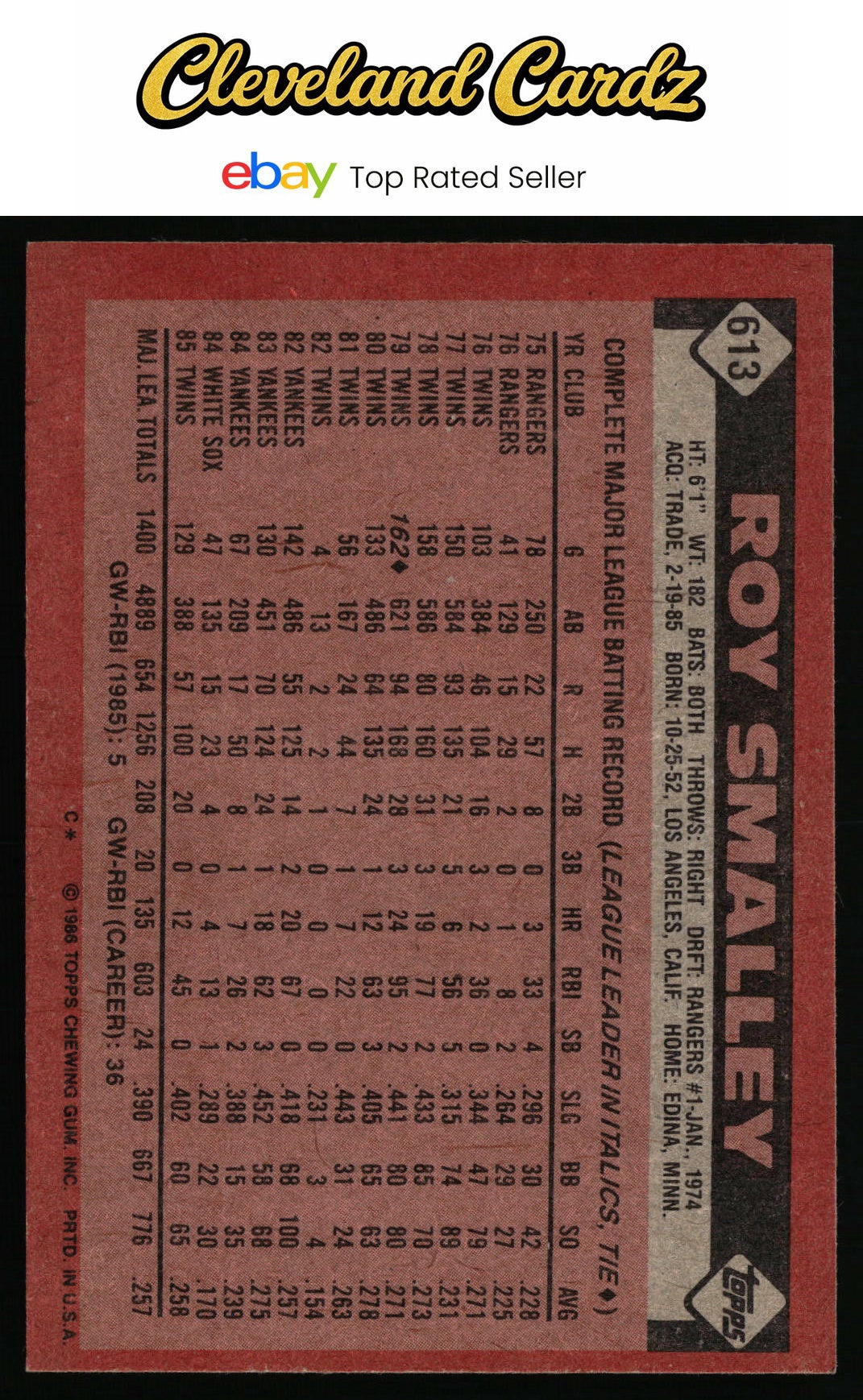 1986 Topps #613 Roy Smalley