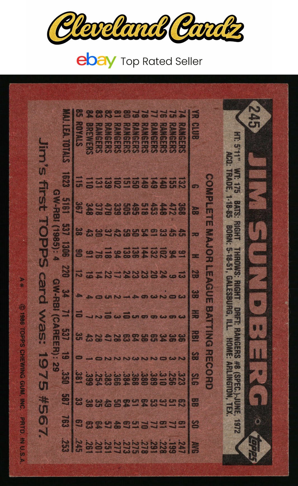 1986 Topps #245 Jim Sundberg