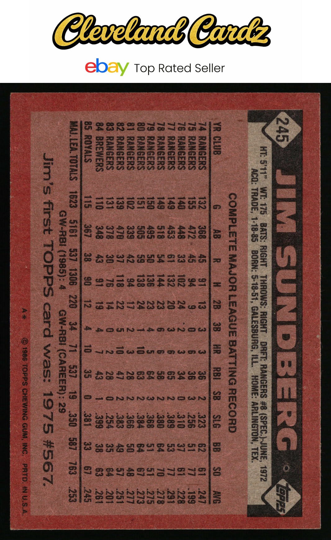 1986 Topps #245 Jim Sundberg