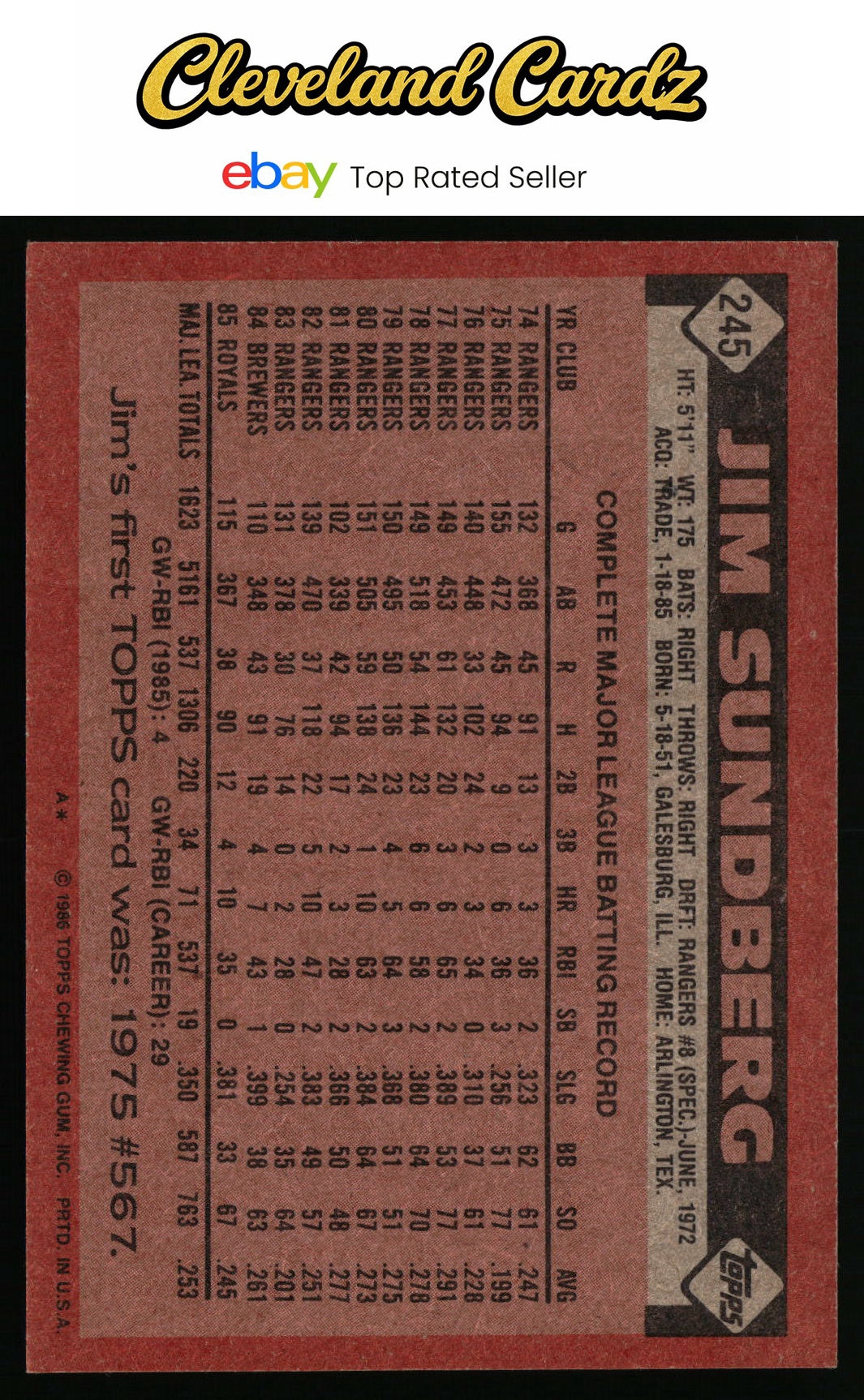 1986 Topps #245 Jim Sundberg